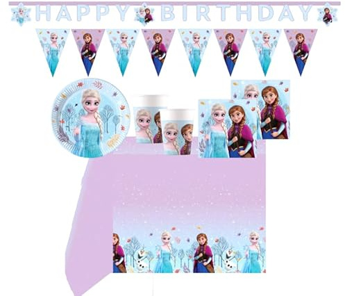WOOPARTY Kit Compleanno Frozen per 24 Ospiti - Set Festa con 24 Piatti 19,5 cm, 24 Bicchieri 200 ml, 40 Tovaglioli, Festoni Happy Birthday & Bandierine, Tovaglia a Tema Frozen