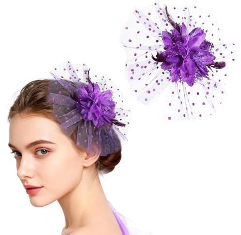 MWOOT Pince à Cheveux Fleur avec Plumes, Barrette Cheveux Fleur de Plumes Violet, Années 1920 Fascinateur Maille pour Femmes, Élégant Accessoires Cheveux pour Cocktail Mariage Goûter Noël