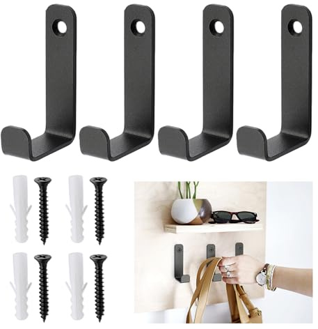 4pcs Ganchos Percheros Pared Negros,Ganchos Resistentes para Pared en Forma de J,Colgadores Pared de L, Perchas Pared Ganchos para baños, pasillos, salones,Colgar Ropa Toallas Llaves ,Inc 4 tornillos