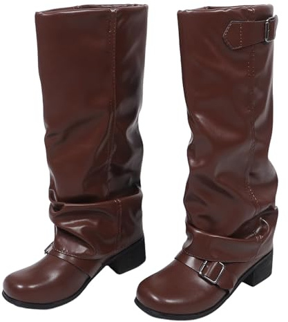 Abaodam Stivali al Ginocchio Donna in Pu Marrone Tacco Basso Stile Western Vintage per Equitazione e Abiti da Cowgirl Chunky Slouch Boots da Donna per Feste e Calzature Retrò