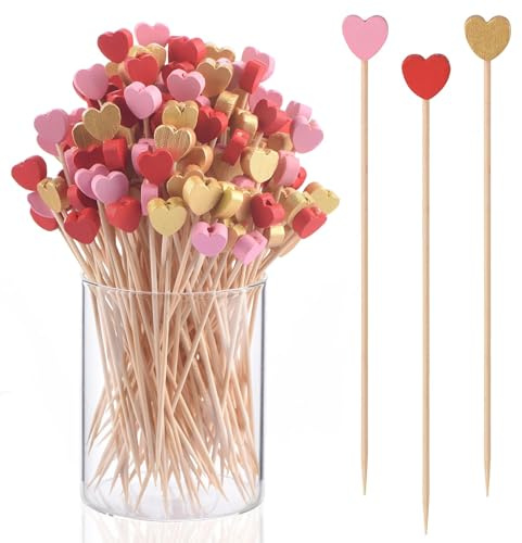LQTSLFM 100 Stück Herz Cocktailspieße, Rot Rosa Gelb Spieße Fingerfood mit Herz, Holz Herzförmige Partyspieße für Obstkuchen Desserts Lebensmittel Valentinstags Hochzeits Dekorationen