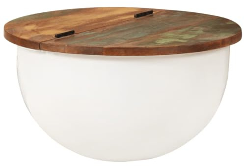 Keeushr Couchtisch Weiß 50x27 cm Altholz Massiv mit verstecktem Staufach und glatter Tischplatte, robuster Beistelltisch aus recyceltem Massivholz für Wohnzimmer
