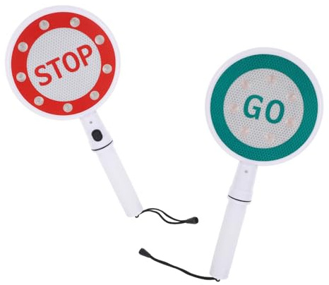 INOOMP Segnale di Stop Portatile Bifacciale Manico 2pezzi, Cartello Stradale in Plastica Luci Lampeggianti per Gestione Traffico e Sicurezza dei Pedoni, Visibilità Giorno e Notte,
