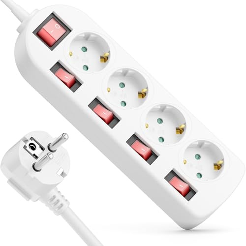 deleyCON Multipresa 4 Vie - Interruttore ON/OFF - Attivazione Singola - Cavo 3,0m - 4x Prese Presa Multipla Distribuzione Estensione Barra Alimentazione Casa Ufficio 3680W 16A - Bianco