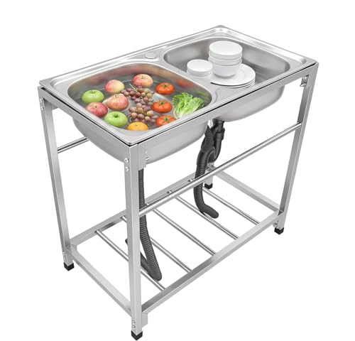 SICHENSH Lavabo doppio, indipendente in acciaio inox 2 vasche freestanding lavello con tubi di scarico, professionale indipendente lavandino esterno, 83 x 44 x 77 cm