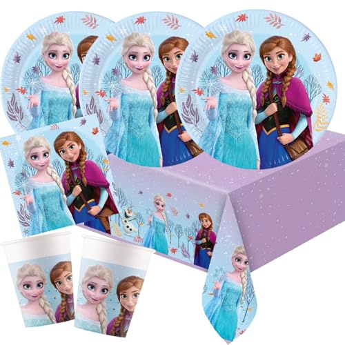 Procos Set per feste Frozen Idyllic Wonder Anna Elsa, 37 pezzi, piatti di carta, bicchieri di carta, tovaglioli, tovaglia per compleanno dei bambini