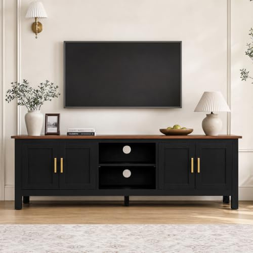 HOLTICO TV Stand for Living Room, Modern Farmhouse TV Unit with Storage and Adjustable Shelf, Wooden TV Console Cabinet Fits TVs up to 70 for Bedroom, Black