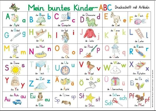 Mein buntes Kinder-ABC: Lernposter in Druckschrift mit Artikeln DINA 4 laminiert