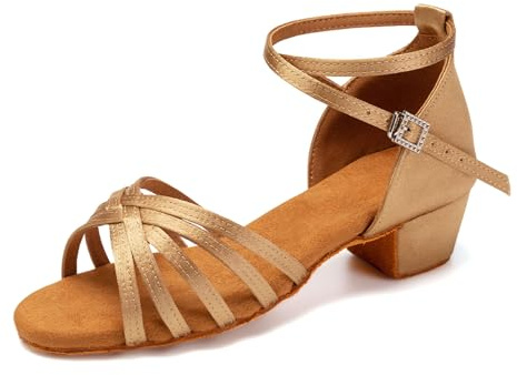 SWDZM Zapatos de Baile Latino Niña Tacón 3 cm Estándar Salsa Bailarina y Bachata Principiantes Bailarina Práctica,Beige,EU 35