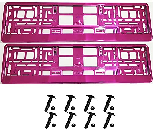 TEILE-24.EU Malinowski 2 x Kennzeichenhalter Chrom PINK Kennzeichenhalterung Vollverchromt im Set mit 8 Befestigungsschrauben, Montageanleitug, KFZ Schein Schutzhülle GRATIS