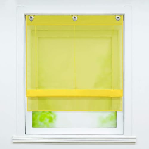 Joyswahl Voile Raffrollo ohne Bohren Raffgardine Ösen Hanna Gelb 45x130 | Mit Hakenaufhängung, Unifarbige Vorhänge, 1er Pack, Schals Fenster Gardine, Ösenrollo mit Haken, Fensterrollo innen