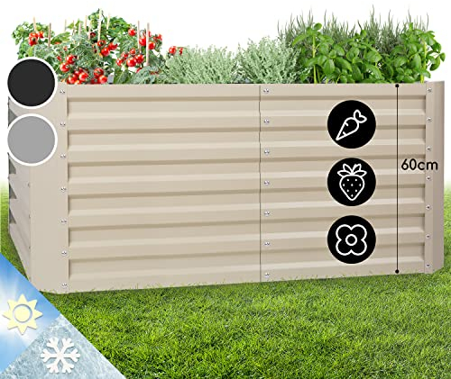 blumfeldt Hochbeet High Grow Straight Material: verzinkter Stahl. Durchmesser: 0,6 mm. Rostschutz. 4x Aluminium Schutzleisten. Maße: 120 x 60 x 60 cm. Volumen: 432 l. Beige.