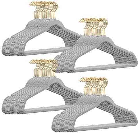 100 Stück hochwertige Samt Kleiderbügel in der Farbe Hellgrau mit Gold Look Haken/Anti-Rutsch/von StickandShine