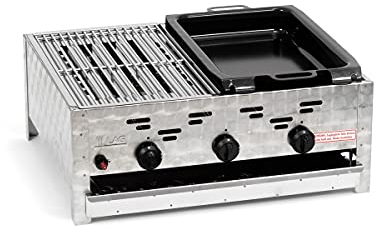 Gasgrill-Kombibräter 11 kW 3-flammiger Edelstahl-Brenner geteilte Arbeitsfläche, mit kleinem Grillrost und kleiner emaillierter Stahlpfanne Gastrobräter
