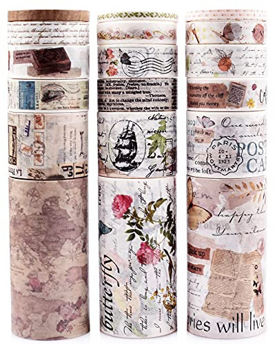 DAPUTOU Lot de 18 rouleaux ruban adhésif Washi vintage, 75/30/15/10/5 mm large, motif carte florale, tampon, lettre, rétro, pour scrapbooking, bullet journal, fournitures Multicolore