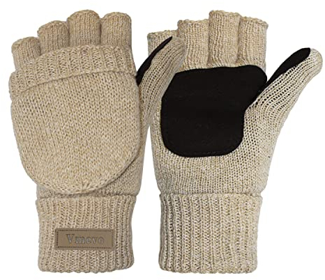 ViGrace Winter-Handschuhe, gestrickt, wandelbar, fingerlos, Woll-Fäustlinge, warmer Handschuh für Damen und Herren, Khaki, Large