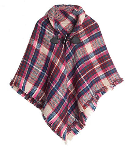 Proumhang Mädchen Tartan Schal mit Hornschnalle,Karierte Wickel,Poncho Cape Schal für Kinder,Herbst und Winter Warme Schals,Kopftuch-Schal,Einheitsgröße,Rosa