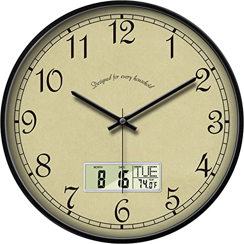 Extra Large Retro Classic Analog Wall Clock Silent Battery Operated Digital Wall Clocks with LCD Temperature Date Time Week Display Clock Decorative for Living Room Kitchen Light Home Office 14 Inch