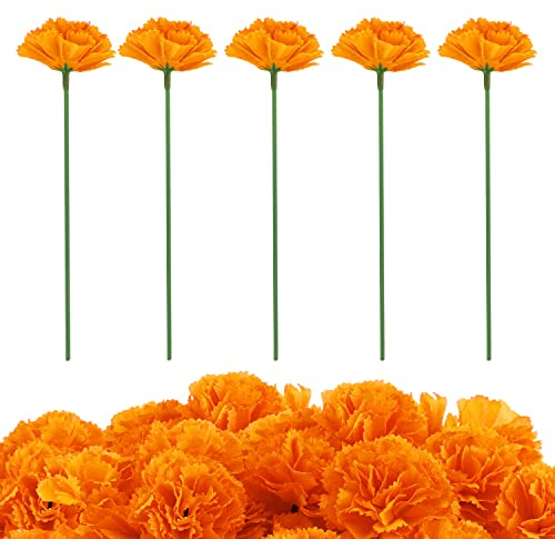 AIEX 30 Pezzi Fiori di Calendula con Steli, Mazzi di Calendula Fiori Artificiali Arancioni per Decorazioni di Nozze Halloween Ghirlande Progetti Fai Da Te Centrotavola