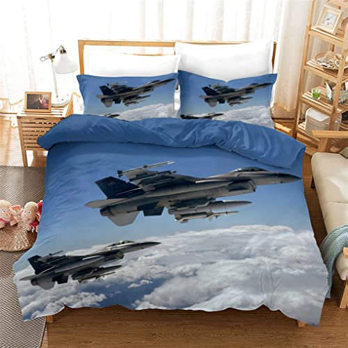 HNHDDZ Bettwäsche-Set Flugzeug 3D Kämpfer Luftfahrt Militär Stil Themen Gedruckt Bettbezug für Kinder Junge Teenager mit Kissenbezug (Stil 1, 155x220 cm)