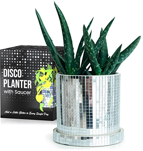 SCANDINORDICA Disco Ball Planter Pot - 4.3 inch Mirror Disco Ball Vase, Ceramic Planter Indoor with Drainage Hole and Saucer,House Pots for Indoor Plants | 0.2 Mirror Tiles