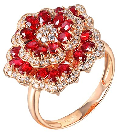 AMDXD Hochzeitsring 18K 750 Gold Frauen, 2.45ct Rubin Solitärring Rot, Blumen Trauringe Gold 750 mit Diamant Echtschmuck, Gr.51 (16.2)