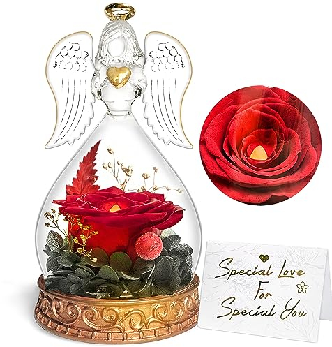 Ewige Rose Geschenke, Ewige Rose in Engel Glaskuppel, Konservierte Blumen Handgemachte Ewige Rose für Frauen Freundin Mutter zu Valentinstag Weihnachten Geburtstag (Rot) 1×stück