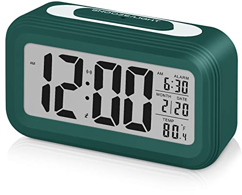 Sarsumir Réveil Numérique Reveille Digital Reveil Matin Silencieux et Intelligent à Piles avec LED Reveil Lumineux avec Fonction Snooze Date Température pour Enfant Ado Fille Garcon, Vert Foncé