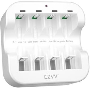czvv Lithium AA AAA Rechargeable Battery Charger - 1.5V Lithium Battery Charger with LED Indicator Light, 4 Independent Slots, Ultra Fast Charge 2H, Overcharge Protection, Type-C (White)