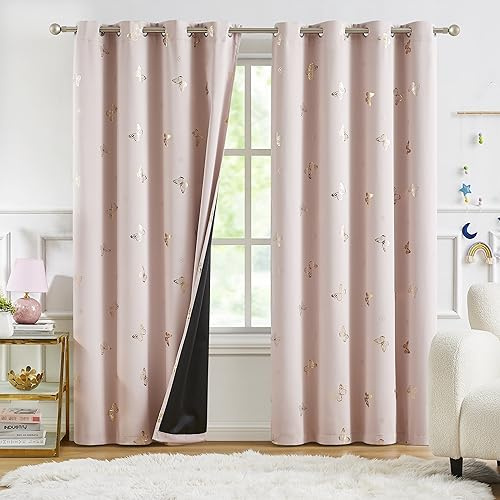 Jubilantex Verdunkelungsvorhänge mit Schmetterlingen, 213 cm lang, mit schwarzer Schicht, wärmeisoliert, Fenstervorhänge, Ösen, für Schlafzimmer, Mädchenzimmer, Rosa/Gold
