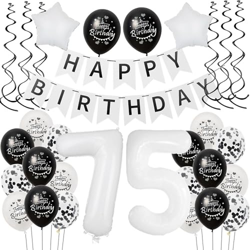 Luftballon 75. Geburtstag Schwarz weiß, Geburtstagsdeko 75 Jahre Mann Frauen Schwarz Ballon deko 75.Geburtstag Frau ,Riesen Folienballon 75 Happy Birthday Tortendeko 75 Frauen weiß