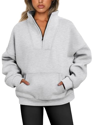 Women's Oversized Fleece Hoodie Half Zip Sweatshirt Workout Long Sleeve Pullover Jumper Grey