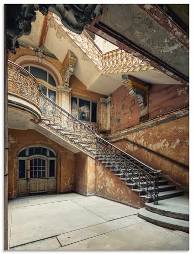 ARTland Wanddeko Glasbilder Wandbild Glas Bild einteilig 60x80 cm Hochformat Architektur Ruinen Treppenhaus Treppe Ornamente Licht Lost Places U4YC