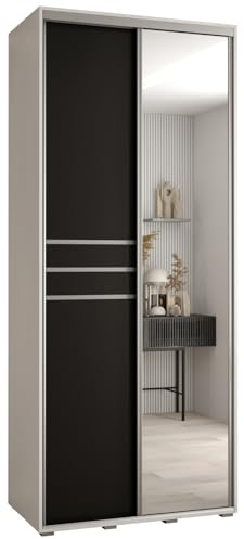 MEBLE KRYSPOL Davos 11 100 Schrank mit Zwei Schiebetüren für Schlafzimmer - Moderner Schrank mit Spiegel, Kleiderstange und Regalen - 235,2x100x60 cm - Weiß Schwarz Silber