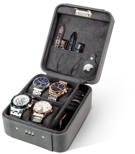 KAMIER Caja de reloj con cerradura de combinación, almacenamiento de 4 relojes y organizador de joyas, estuche de viaje para almacenamiento de anillos y relojes, funda de reloj de viaje de piel