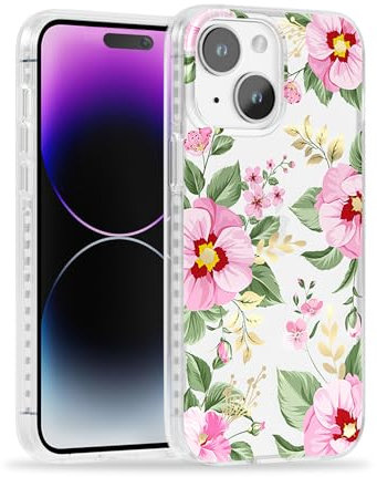 SCORPIFY for iPhone 15 Case with Pink Primrose Floral Design, Cute Clear Flower Phone Cover for Women Girls, [10FT MIL-Grade Drop Protection] Slim Bumper with Gold Accents