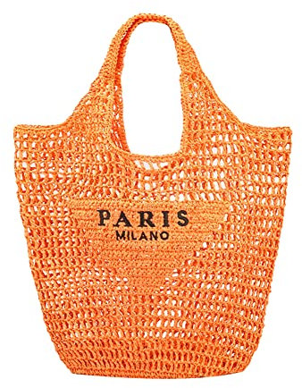 Yelschwa Straw Mesh Tote Bag Fashionable Crochet Handbag Foldable Large Capacity Woven Beach Tote Bag Shoulder Bag For Women Suitable For Vacation Picnic Party Shopping (Orange)
