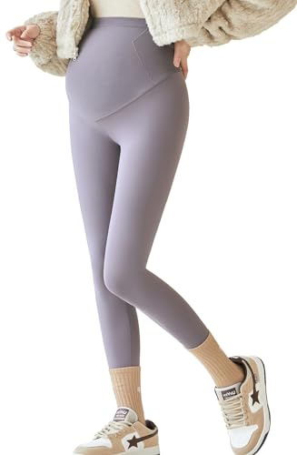 SHEKINI Mammaleggings för kvinnor, ogenomskinliga, hög midja, gravidbyxor, gravidleggings, långa, stretch, mjuka gravida, yogabyxor, leggings för gravida kvinnor, lila, XL