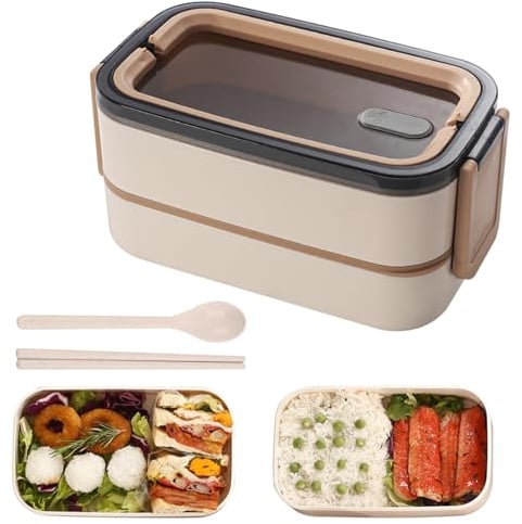 WANDGU Fiambrera Bento para adultos: fiambrera apilable de 1400 ml, fiambrera de 2 niveles con compartimentos, caja bento para niños, fiambrera a prueba de fugas para escuela, oficina, excursiones