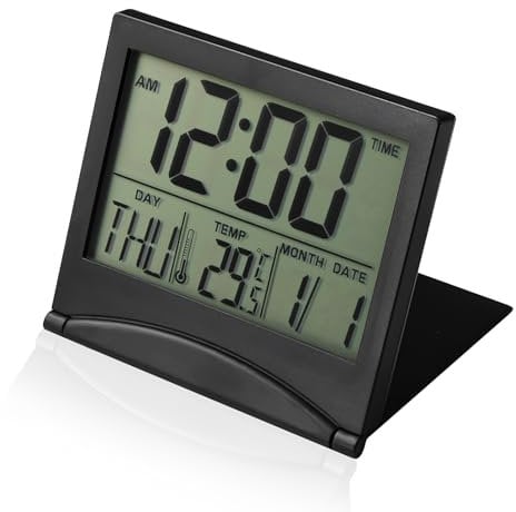 Digital Travel Alarm Clock with LCD Display, Foldable Desk Top Clock with Day, Date and Temperature Indication, Battery Operated Small Digital Alarm Clock for Table, for Travel Home Use, Black