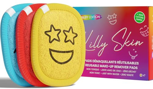 Pads Démaquillants Lavables et Réutilisables Lilly Skin - Lingettes Carrées Microfibres Nettoyantes et Exfoliantes pour la Peau du Visage - Boîte de 7 Pads en Tissu Simili Coton - Smiley Edition - XL