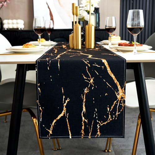 Jayusaror Tischläufer Modern Herbst Schwarz und Gold Leinen Marmor Goldene Textur Abstrakte Kunst Waschbarer Tischläufer für Kaffee, Esszimmer, Kommode, Beistelltisch, Schlafzimmer, 33 x 183 cm