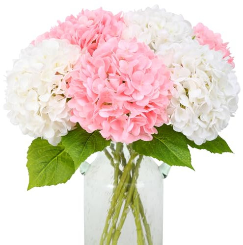 JUSTOYOU Künstliche Hortensien Blumen,4 PCS Doppelte Farbe Single Stem Realistische Hydrangea Blumen, 19.6Inch große Real Touch gefälschte Hydrangea Sträuße für Hochzeit Home Party(Weiß und Rosa)
