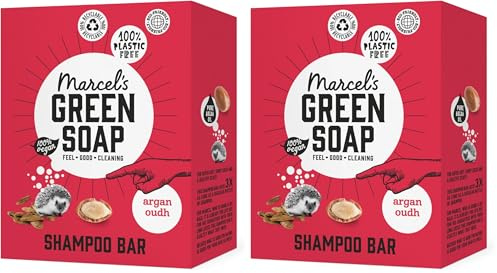 Marcel's Green Soap - Shampoo Bar Argan & Oudh - Daily use, plastic and sulfate free - Saves 3 bottles of regular Shampoo - 100% Eco friendly - 100% Vegan - 97% Biodegradable - 90 G (Pack of 2)