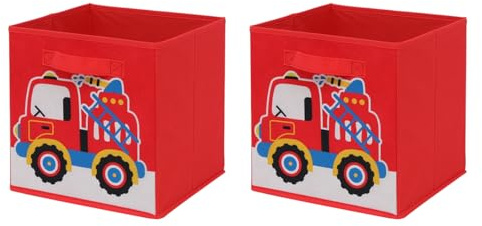 Homullel Foldable Storage Cubes Set of 2, Fabric Storage Boxes, Closet Storage Drawers Storage Organizer for Clothes (Red-Fire Fighting Truck, Band)