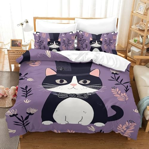 GZCVBDYUY Cartoon Kat 3D Gedruckt Bettwaren 3 Teilig Bettbezug Mit Kissenbezügen Soft Microfaser Luxus Modern Mit Reißverschluss Für Erwachsene Und Kinder Single(140x200cm)