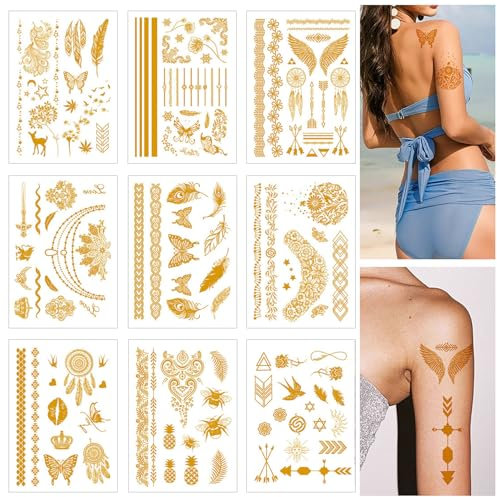 EUZUXU 9 Feuilles Brillant Tattoo Temporaire Doré, Autocollants Métalliques Étanche Dorés Faux Tatouages, Accessoire Festival, Tatouages Temporaires Mariage pour Femmes, Hommes et Enfants-A