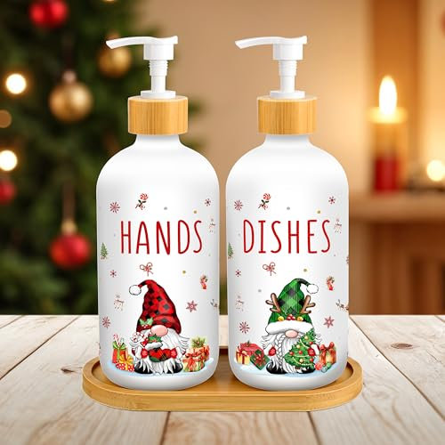 Christmas Gnome Glass Soap Dispenser with Pump - Refillable Dish & Hand Soap Container for Home Kitchen & Bathroom Countertop Decor