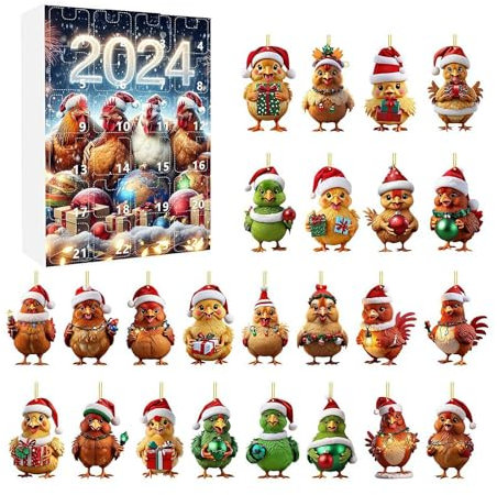 2024 Adventskalender mit Huhn-Ornamenten, Weihnachtsbaum, 2D-Acryl-Set, hängende Ornamente, 24-Tage-Weihnachts-Countdown-Kalender, Huhn-Anhänger mit Weihnachtsmannmützen (style4)
