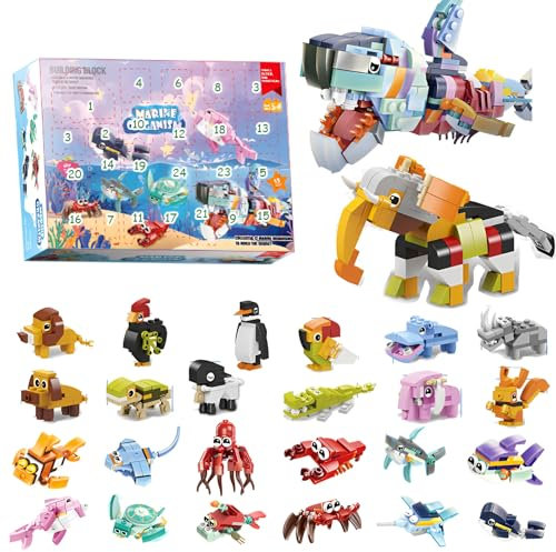DzirePada Adventskalender 2024 für Kinder Erwachsene, Weihnachts Adventskalender Bauspielzeug Set, 24 Weihnachtsspielzeuge Auto Spielzeug, Tiere Konstruktionsspielzeug, Kinder (dongwu)